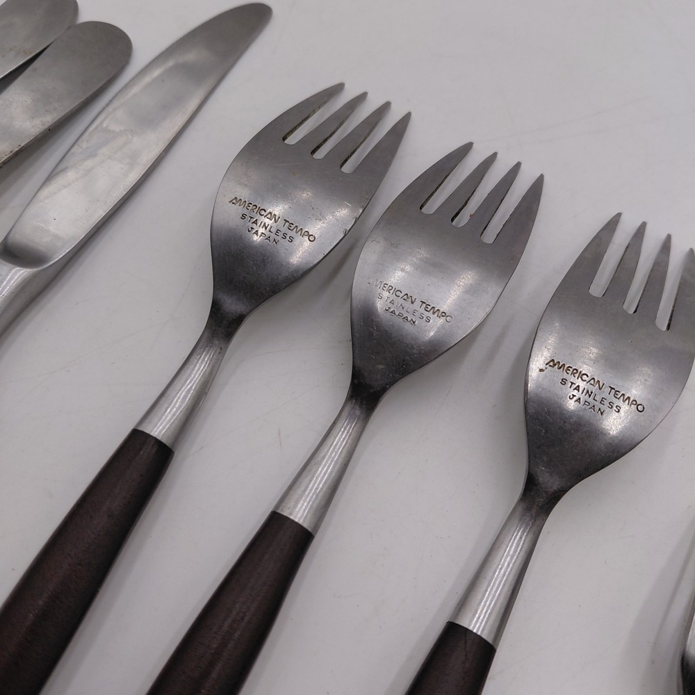 AMERICAN TEMPO 12 Mid Century Modern Stainless Flatware Faux Wood Japan MCM - Picture 8 of 10
